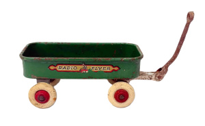 Lot 102 - 1950s Toy - small green tin Radio Flyer wagon - wagon 10cms L