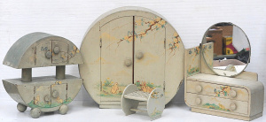 Lot 217 - 5 pcs Art Deco 1930s hand painted wooden Dolls toy bedroom suite - rou
