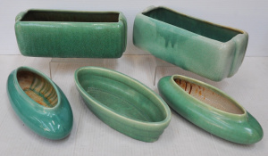 Lot 225 - 5 pces Vintage Melrose Australian Pottery Green glaze trough vases inc