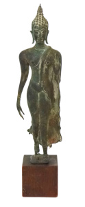 Lot 242 - Vintage Spelter figure of a Walking Thai Buddha - mounted on wooden ba