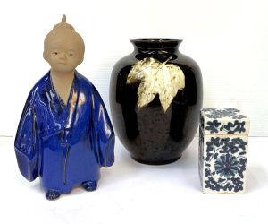 Lot 249 - 3 x pces Oriental ceramics - Japanese figure of Boy, brown glazed Vass