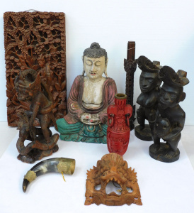 Lot 254 - Group lot of Wooden Carvings mostly Eastern inc Ebony & Teak - Fig