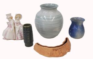 Lot 285 - Grp vintage ceramics - 3 x pottery vases,1930s posy flower holder, pai
