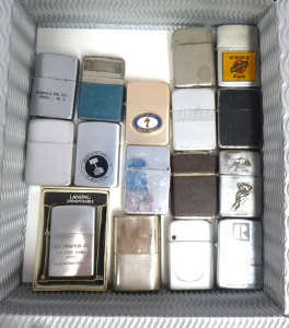 Lot 297 - Box lot of Vintage Windproof Fuel Cigarette Lighters inc some with adv