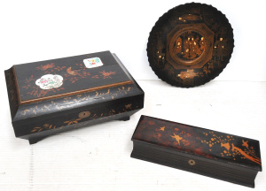 Lot 342 - 3 x pieces - Vintage Japanese Lacquer Ware - Glove box, Footed Comport