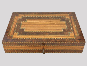 Lot 361 - Large vintage Box with inlay banding and various woods & key - 40c