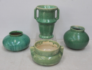 Lot 375 - 4 pces Vintage Melrose Australian Pottery green glaze vases - Tall tw