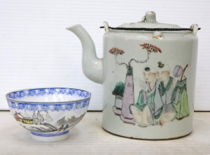 Lot 377 - 2 x pieces Vintage Chinese Porcelain - Teapot w Hand painted Scholars