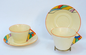 Lot 380 - Pair1930s Clarice Cliff Bizarre Bignou Pattern Cups & Saucers - Ge