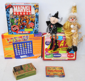 Lot 35 - Box lot games, puppets etc incl Marvel Heroes, Linkwords, Chad Valley m