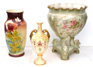 Lot 17 - 3 pces Victorian inc Hand painted Glass Vase 32cm H, Pedestal footed J Lot 17 - 3 pces Victorian inc Hand painted Glass Vase 32cm H, Pedestal footed J