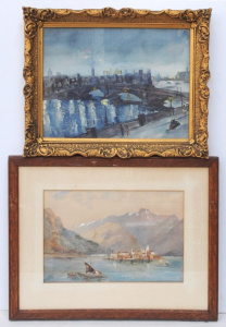 Lot 39 - 2 x Framed Unsigned European Watercolours - Lake Maggiore & Nocturn Lot 39 - 2 x Framed Unsigned European Watercolours - Lake Maggiore & Nocturn