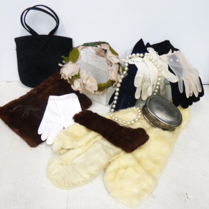 Lot 49 - Box lot of vintage ladies accessories inc Hat, Evening bag, Gloves Croc Lot 49 - Box lot of vintage ladies accessories inc Hat, Evening bag, Gloves Croc