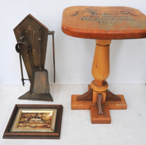 Lot 58 - Group Lot Mixed Vintage Items - incl Australian Carved Table w Religiou Lot 58 - Group Lot Mixed Vintage Items - incl Australian Carved Table w Religiou