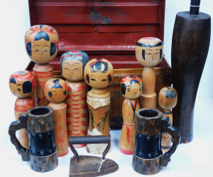 Lot 97 - Tin Trunk plus Contents inc Japanese Kokeshi Dolls etc Lot 97 - Tin Trunk plus Contents inc Japanese Kokeshi Dolls etc