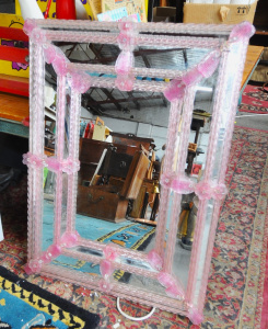 Lot 200 - Venetian Glass Wall Mirror with Applied Pink Borders, Leaves & Ros Lot 200 - Venetian Glass Wall Mirror with Applied Pink Borders, Leaves & Ros
