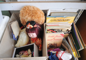 Lot 107 - 2 x Boxes of Kids Vintage Toys & assorted books inc, Celluloid duc Lot 107 - 2 x Boxes of Kids Vintage Toys & assorted books inc, Celluloid duc