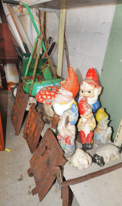 Lot 108 - Group Lot of Assorted Garden Tools & Ornaments incl Painted Concre Lot 108 - Group Lot of Assorted Garden Tools & Ornaments incl Painted Concre