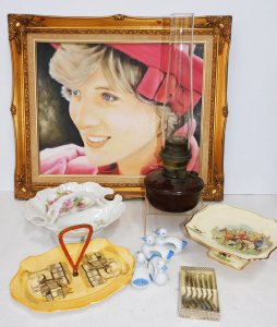 Lot 126 - Box lot plus inc Aladdin Oil Lamp with chimney, china, Framed Princess Lot 126 - Box lot plus inc Aladdin Oil Lamp with chimney, china, Framed Princess