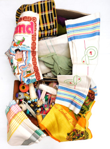 Lot 128 - 2 Boxes Vintage Linen , Haberdashery & Fabric inc Retro Linen Tea Lot 128 - 2 Boxes Vintage Linen , Haberdashery & Fabric inc Retro Linen Tea