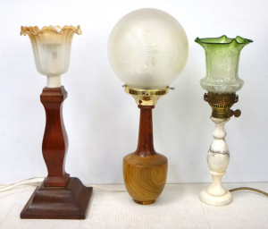 Lot 130 - 3 x Vintage Lamps - incl Wooden, Alabaster, Turned, w various shades Lot 130 - 3 x Vintage Lamps - incl Wooden, Alabaster, Turned, w various shades
