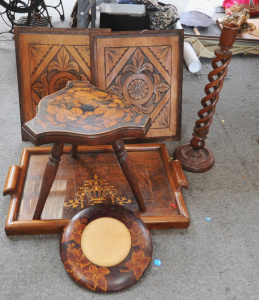 Lot 131 - Group 1930s Wooden items inc Tripod Pokerwork small table, Tray, Carve Lot 131 - Group 1930s Wooden items inc Tripod Pokerwork small table, Tray, Carve