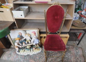 Lot 132 - Mixed Group Lot incl Gold chair w Red Cushion, Rugs & Large Cerami Lot 132 - Mixed Group Lot incl Gold chair w Red Cushion, Rugs & Large Cerami