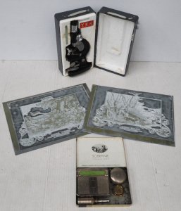 Lot 136 - Group lot Mixed items - Zinc Engraving plates, Student Microscope, $1 Lot 136 - Group lot Mixed items - Zinc Engraving plates, Student Microscope, $1