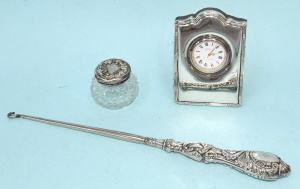 Lot 191 - 3 pces Hallmarked English Sterling silver inc Small Clock, embossed bu Lot 191 - 3 pces Hallmarked English Sterling silver inc Small Clock, embossed bu