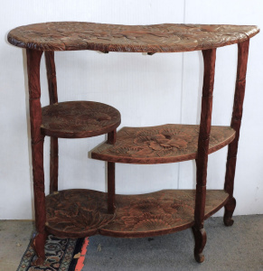 Lot 209 - 1930s Carved Shelving unit - unusual shape with three tiers - raised f Lot 209 - 1930s Carved Shelving unit - unusual shape with three tiers - raised f