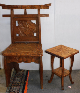 Lot 212 - 2 pces Vintage Carved wooden inc Chinese chair with carved back, seat Lot 212 - 2 pces Vintage Carved wooden inc Chinese chair with carved back, seat