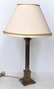 Lot 216 - Vintage Brass Column Table Lamp - cream shade with green & gilt tr Lot 216 - Vintage Brass Column Table Lamp - cream shade with green & gilt tr