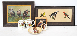 Lot 236 - Group lot - Australiana - small framed c1910 oil Painting of 3 Kookabu Lot 236 - Group lot - Australiana - small framed c1910 oil Painting of 3 Kookabu