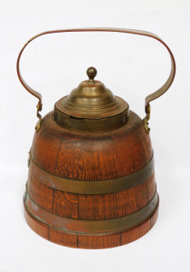 Lot 247 - Vintage Coopered Oak Biscuit barrel with brass banding, handle & l Lot 247 - Vintage Coopered Oak Biscuit barrel with brass banding, handle & l