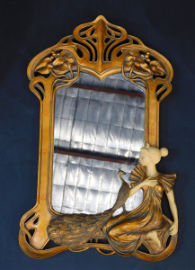 Lot 253 - Art Nouveau style mirror - carved top with kneeling lady with peacock Lot 253 - Art Nouveau style mirror - carved top with kneeling lady with peacock
