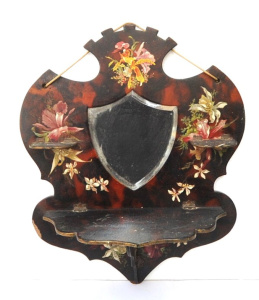 Lot 290 - c1900 Paper Mache Wall Mirror- Shelf - Shield shaped mirror with varyi Lot 290 - c1900 Paper Mache Wall Mirror- Shelf - Shield shaped mirror with varyi