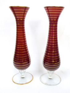 Lot 299 - Pair of Italian Art Glass Vases, cased white and ruby, gold banding w Lot 299 - Pair of Italian Art Glass Vases, cased white and ruby, gold banding w
