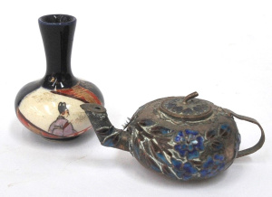 Lot 319 - 2 x Minitaure Oriental items - Satsuma Vase + White Metal teapot w Ena Lot 319 - 2 x Minitaure Oriental items - Satsuma Vase + White Metal teapot w Ena