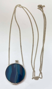 Lot 332 - Marbled blue Agate mirror compact pendant attached to long silver curb Lot 332 - Marbled blue Agate mirror compact pendant attached to long silver curb