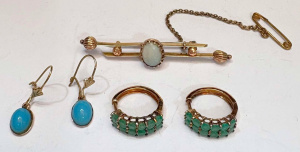 Lot 341 - Group 9ct gold jewellery - opal bar brooch, pr turq Drop earrings &am Lot 341 - Group 9ct gold jewellery - opal bar brooch, pr turq Drop earrings &am