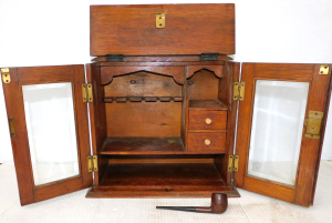 Lot 361 - c 1920s Vintage Small Oak Tobacco Cabinet with Pipe Rack, Small Drawer Lot 361 - c 1920s Vintage Small Oak Tobacco Cabinet with Pipe Rack, Small Drawer