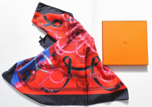 Lot 376 - Boxed Hermes Silk Scarf Navy Blue border with red blue & pink Lot 376 - Boxed Hermes Silk Scarf Navy Blue border with red blue & pink