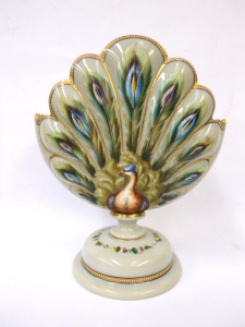 Lot 385 - Victorian grey glass fan shaped pedestal vase with hand painted peacoc Lot 385 - Victorian grey glass fan shaped pedestal vase with hand painted peacoc