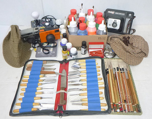 Box Lot - mixed items inc art supplies, cameras, Chinese calligraphy brushes, vi
