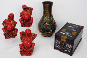 Group lot of Oriental inc Japanese heavy copper Vase with raised dragon 30cm H,