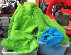 Lot 4 - 2 Boxes of Retro Bright Green & Blue Nylon Net Curtains of Differing