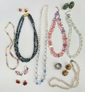 Lot 25 - Grp costume jewellery - 6 x Crystal, diamante necklaces, 5 pr earring
