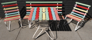 Lot 46 - Retro 1950 60s 4 pce Outdoor Garden setting - Metal frame with Coloure Lot 46 - Retro 1950 60s 4 pce Outdoor Garden setting - Metal frame with Coloure