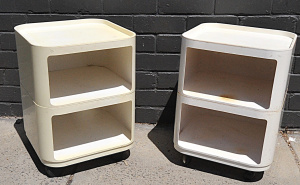 Lot 50 - 2 x Vintage White Plastic Kartell Stackable Bedside Tables on Wheels -