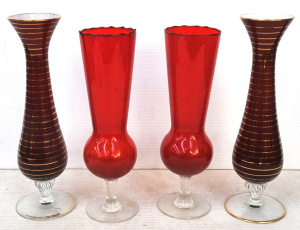 Lot 71 - 2 Pairs of Vintage Italian Red Art Glass Stemmed Vases - both with clea